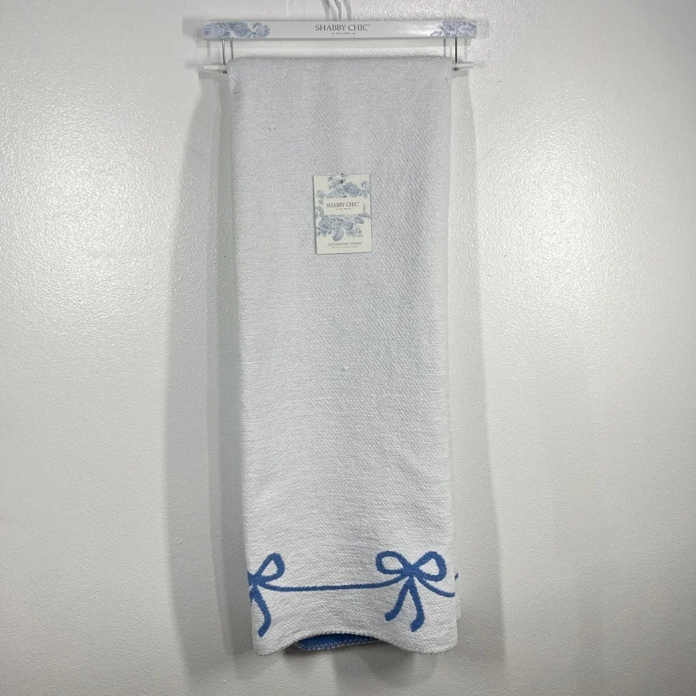 Shabby Chic Decorative Throw Blanket White Blue Bows Accent 50